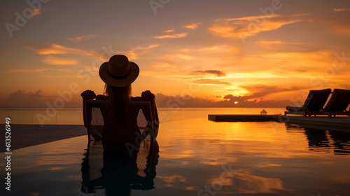 Woman watching the sunset with a cocktail in an infinity pool, showcasing luxury lifestyle, vacation, resort, wealth, and opulence sunrise.