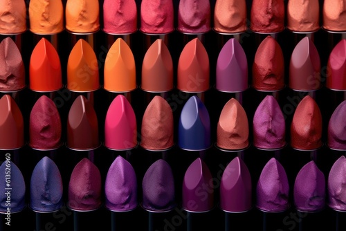 Still life shot of a collection of different lipstick shades arranged in a gradient pattern. Generative AI