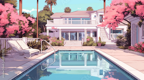 Aesthetic Lo-Fi Exterior garden pool. All-white color palette. Lovcore art. Illustration photo