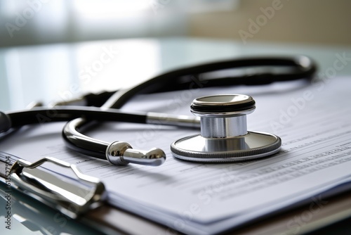A close - up shot of a stethoscope and a clipboard with medical forms on a clean and sterile hospital table. Generative AI