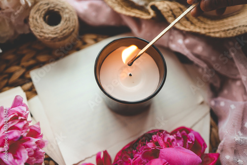 Match in hand lights a candle, atmospheric photo