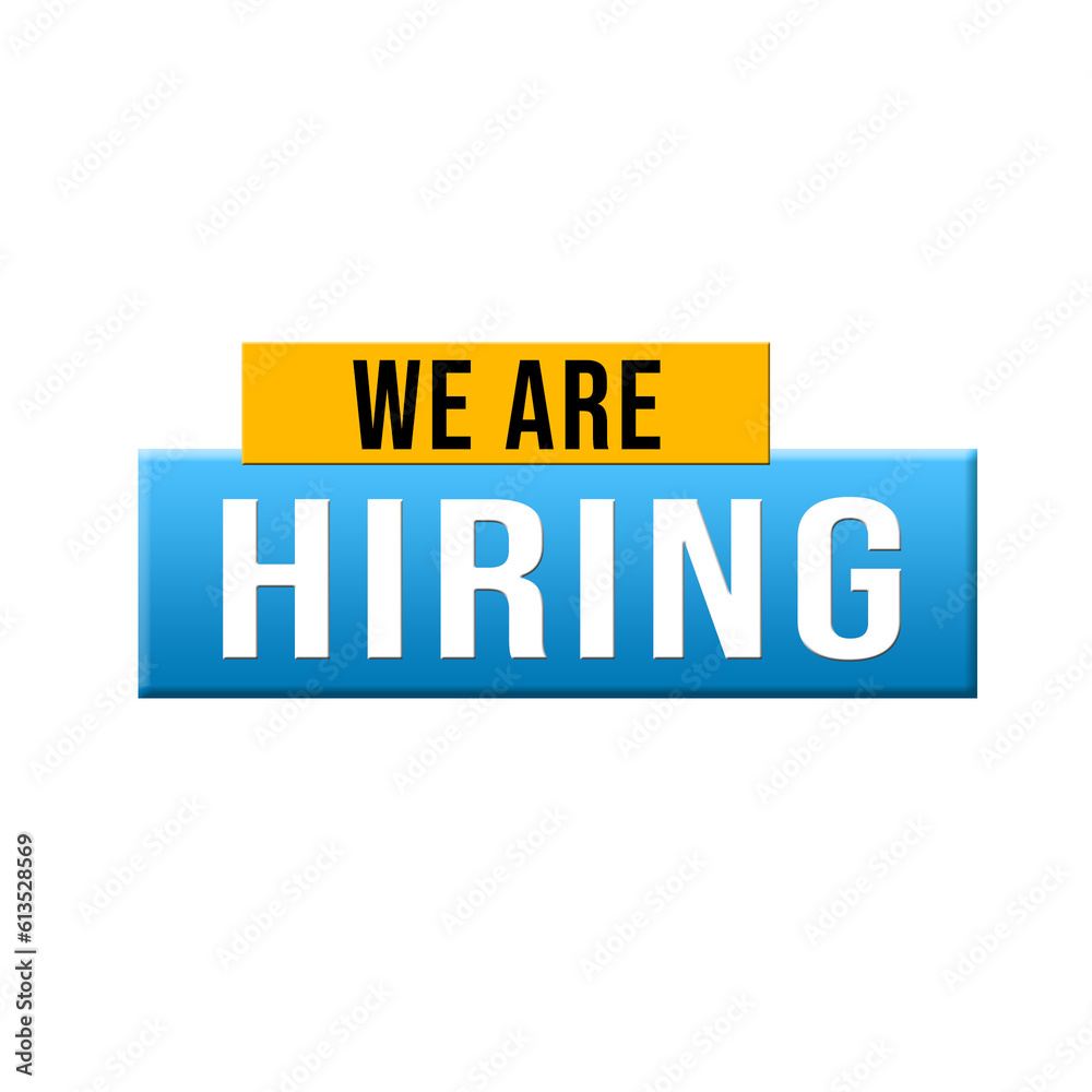 Hiring recruitment open vacancy design info label template. We are hiring join to team announcement lettering in speech bubble chat box vector illustration isolated on yellow background