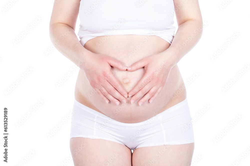 Pregnant woman making a heart shape on her belly. Isolated on transparent white background Pregnant woman making a heart shape on her belly. Isolated on transparent white background