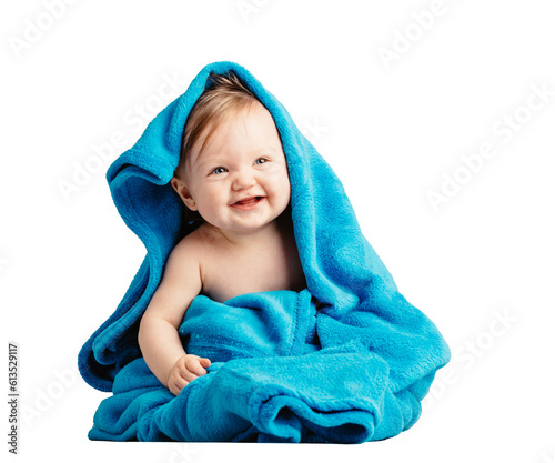 Cute baby playing and laughing in cozy blanket. Isolated on transparent white background