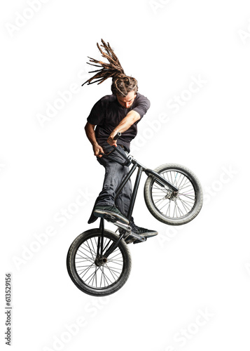 Man jumping and performing tricks on BMX bicycle. Isolated on transparent white background.