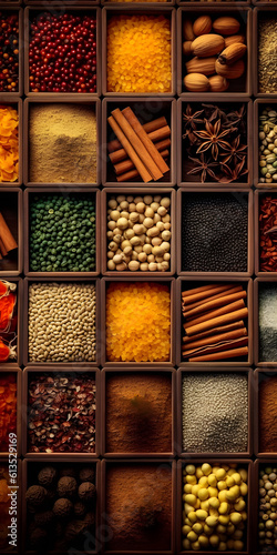 showcase with various spices in wooden compartments, generative ai