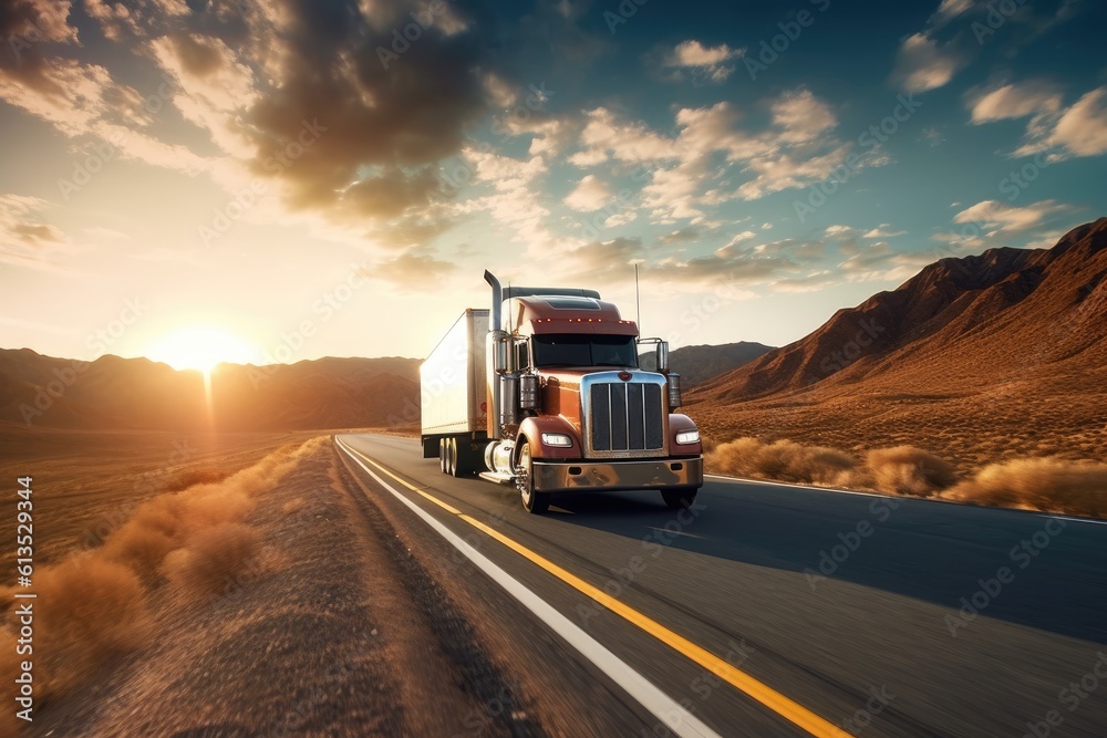 Low - angle shot of a cargo truck driving on a highway, capturing the power and scale of the vehicle. Generative AI Low - angle shot of a cargo truck driving on a highway, capturing the power and scale of the vehicle. Generative AI