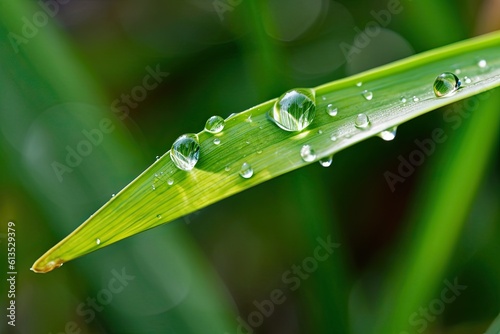 A Closeup Look at Early Summer: A Raindrop on a Blade of Green Grass, With Dewy Leaves in the Environment. Generative AI