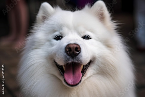 Adorable Samoyed Dog Pet Puppy Cutely Smiling with Purebred Breed and Domestic Mammal Happiness: Generative AI