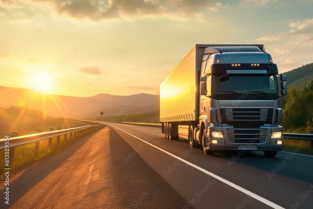 Low - angle shot of a cargo truck driving on a highway, capturing the power and scale of the vehicle. Generative AI