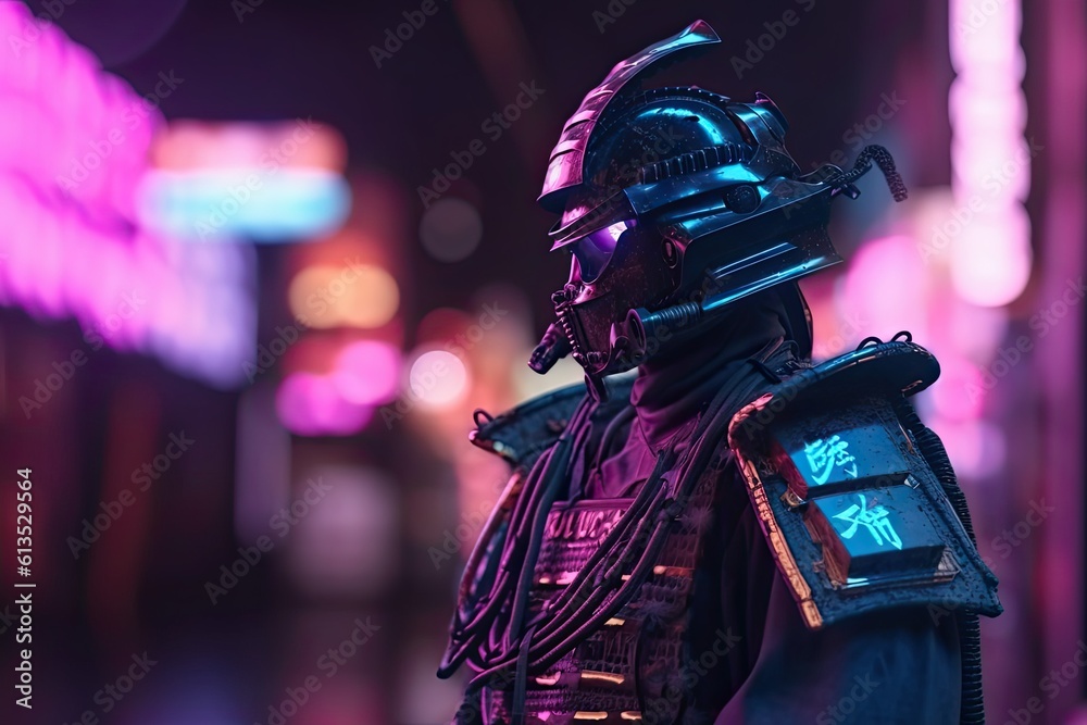 The Samurai Warrior: A Futuristic Cyber Mask and Neon Lights in a Sci-Fi Lifestyle, Generative AI