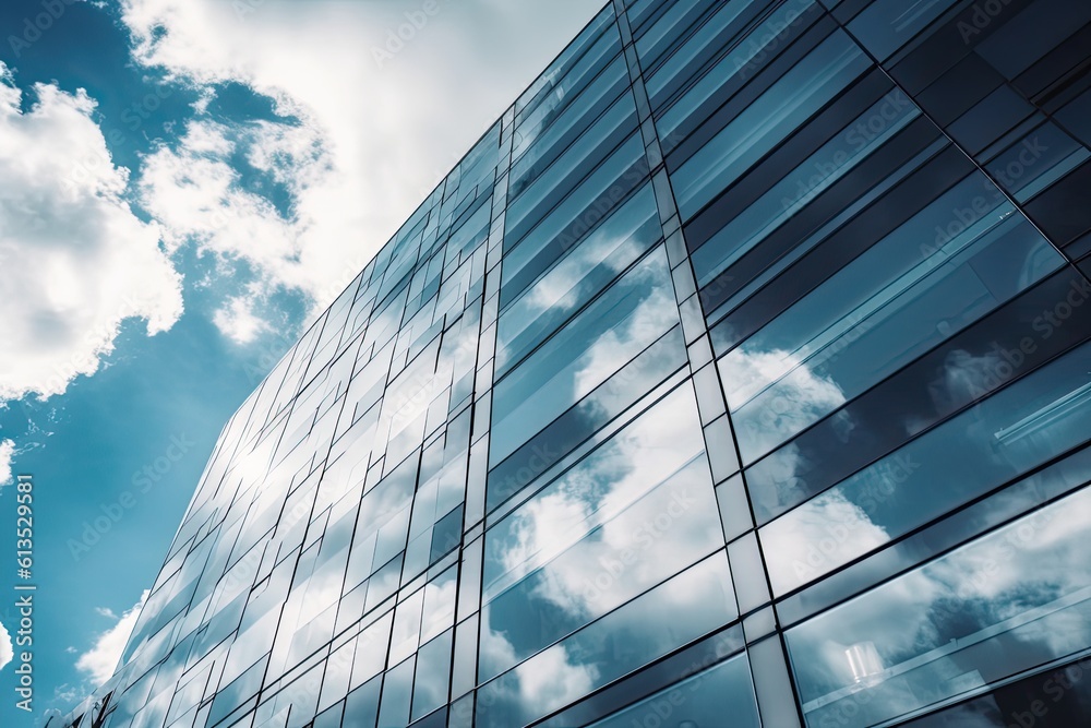 The Modern Glassy Skyscraper: A Futuristic Cityscape of Office Buildings Under a Blue Sky with White Clouds, Generative AI
