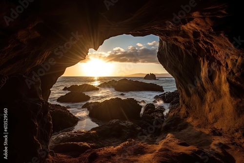 Sunset over Rocky Coastline: An Adventurefilled Journey through Coastal Caves, Generative AI