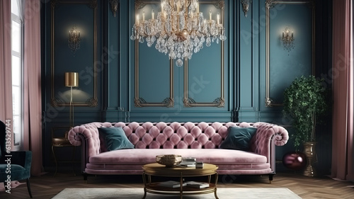 Fototapeta Naklejka Na Ścianę i Meble -  3d rendering mock up wood decor in living room with leather sofa. Generative Ai