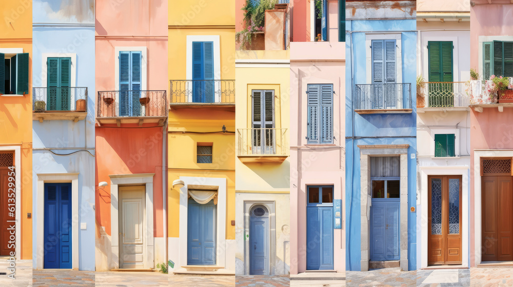 Vibrant color of facade of several Mediterranean coastal houses with pastel blues