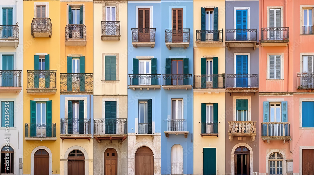 Vibrant color of facade of several Mediterranean coastal houses with pastel blues Vibrant color of facade of several Mediterranean coastal houses with pastel blues