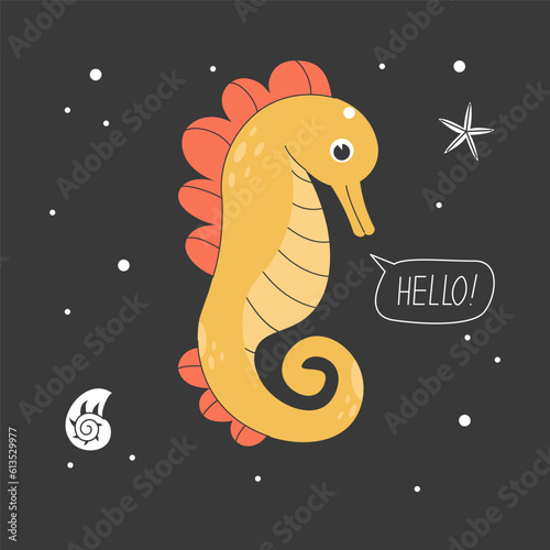 Cute funny seahorse isolated on dark background. Happy marine animal, sea world dweller, adorable underwater creature. Exotic fauna of tropical ocean. Flat cartoon childish vector illustration.