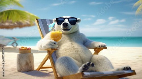 polar bear on the beach in a deck chair with sunglasses