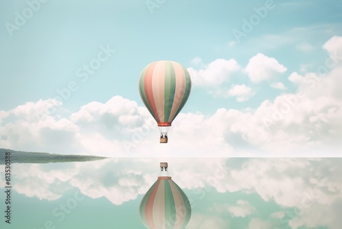 Illustration of a colorful hot air balloon soaring through the clouds, Generative AI