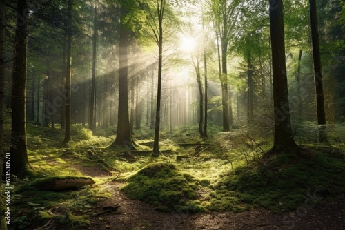 Illustration of a serene path winding through a verdant forest, Generative AI © Virginie Verglas