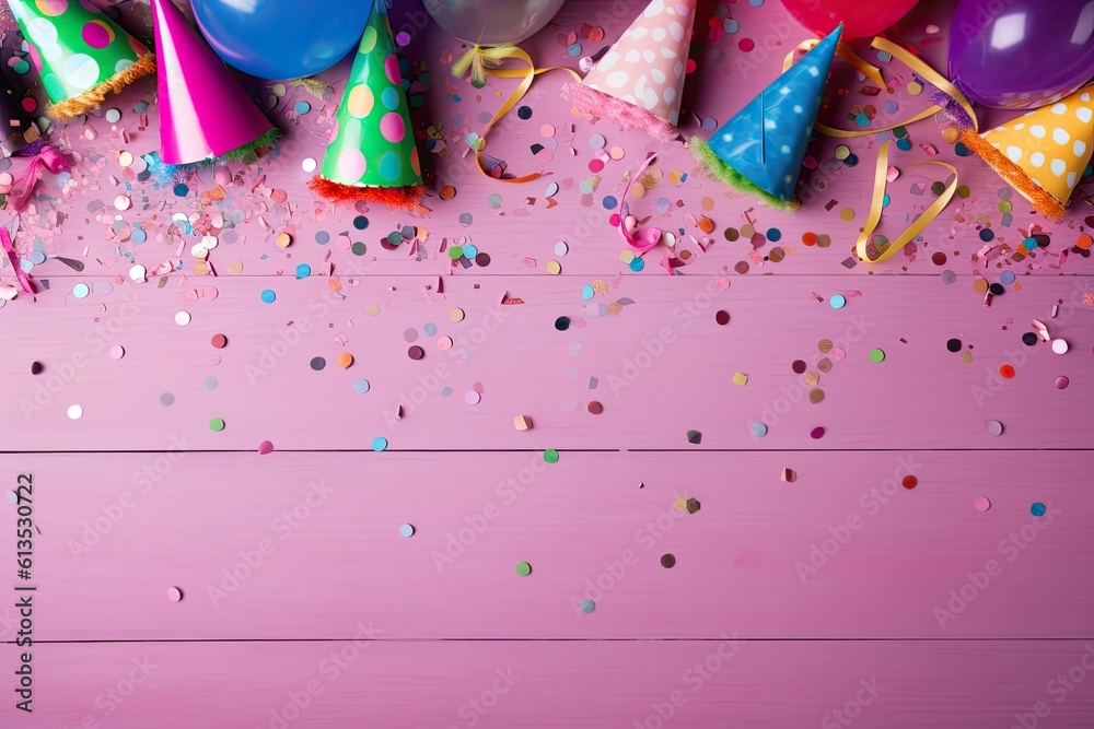 Creative birthday composition with multi-colored cones and scattered confetti