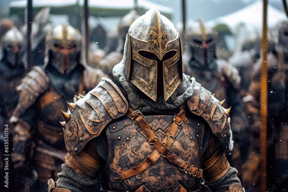 Knights army, warriors in armor stand outside a castle Knights army, warriors in armor stand outside a castle