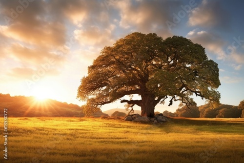 a majestic tree standing in a sun-kissed meadow
