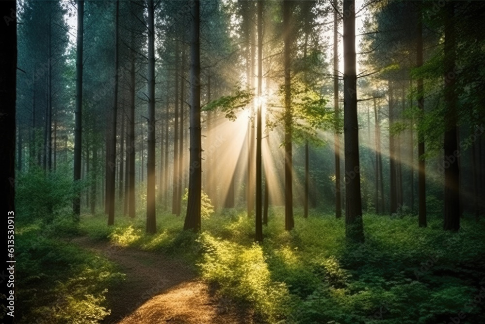 Obraz premium Illustration of sun rays shining through the trees in a lush forest, Generative AI