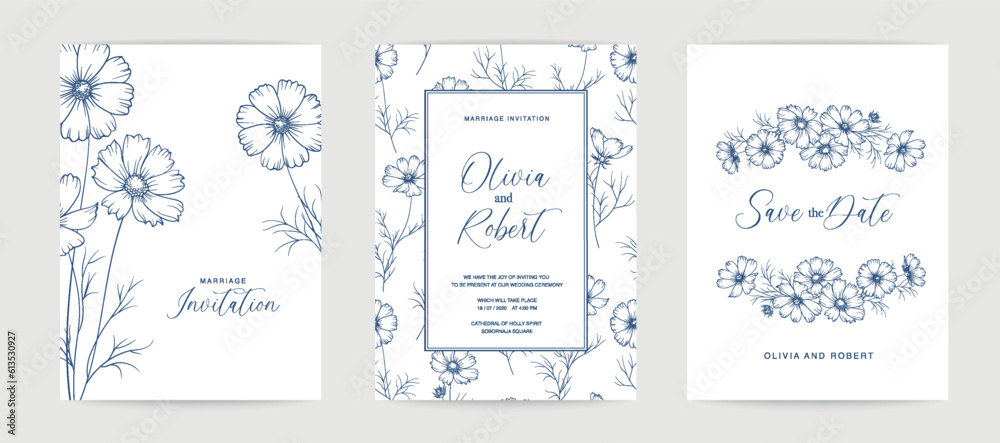 Marriage design template with custom names in frame with floral. Vector illustration.