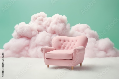 A pink chair in a dreamy cloud-filled environment