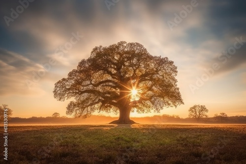 a majestic tree in a golden field at sunset