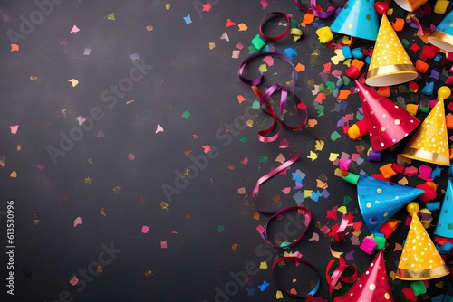 Creative birthday composition of multi-colored cones with ribbons and scattered confetti