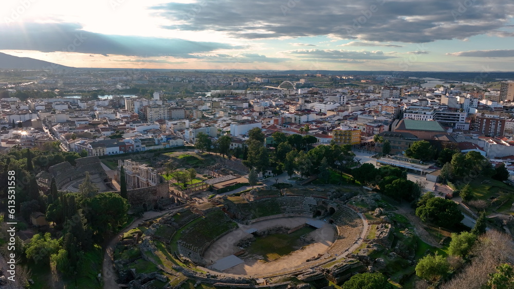 aerial view of old Roman Theatre of Merida spanish cultural icon landmark in Spain