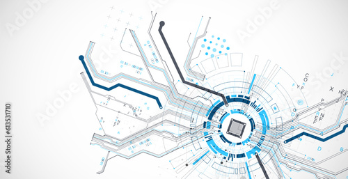 Abstract background with plexus effect. Scientific and technological concept with the use of technical elements formed in the shape of a circle.