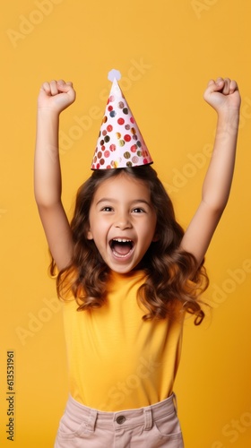 Happy little girl with birthday cone on head raising hands feeling excited to celebrate