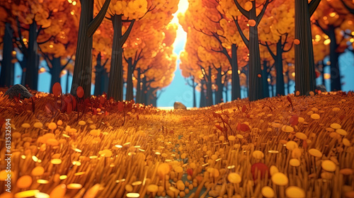 Autumn forest with leaves falling