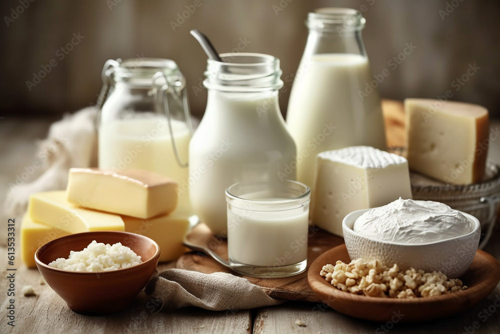 Generative AI - Different milk products in rustic style: cheese, milk, yogurt, cream, butter Generative AI - Different milk products in rustic style: cheese, milk, yogurt, cream, butter