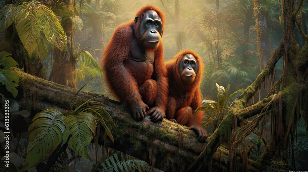 Obraz premium Family of wild orangutans in the jungle. Generative AI
