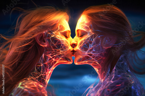 Two women kissing each other's lips with light playing. Generative AI