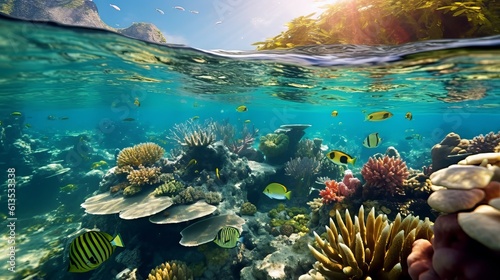 Tropical Seabed's Vibrant Reef and Sunlit Waters, A Kaleidoscope of Life Above and Below