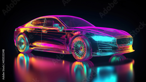 Holographic car 3d illustration  Bright color. Generative Ai