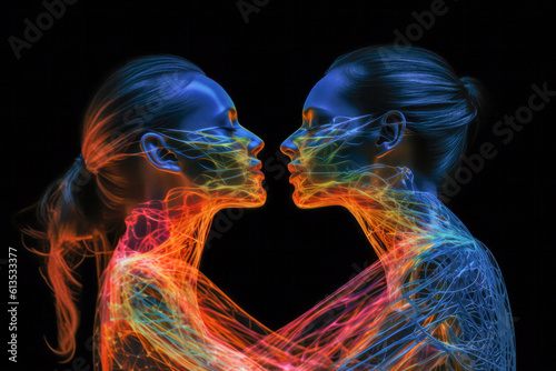 Two women kissing each other's lips with light playing. Generative AI