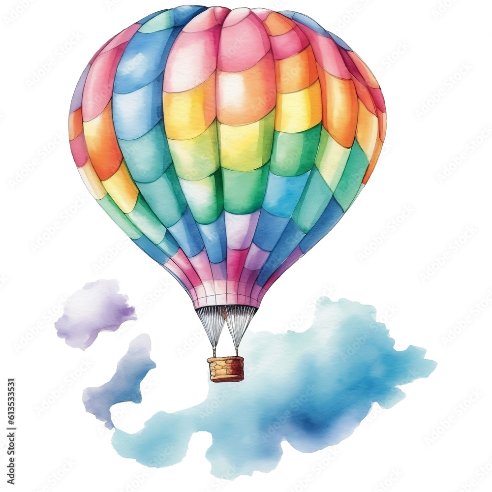 Obraz premium A colorful hot air balloon is flying in the sky, Watercolor illustration AI Generative