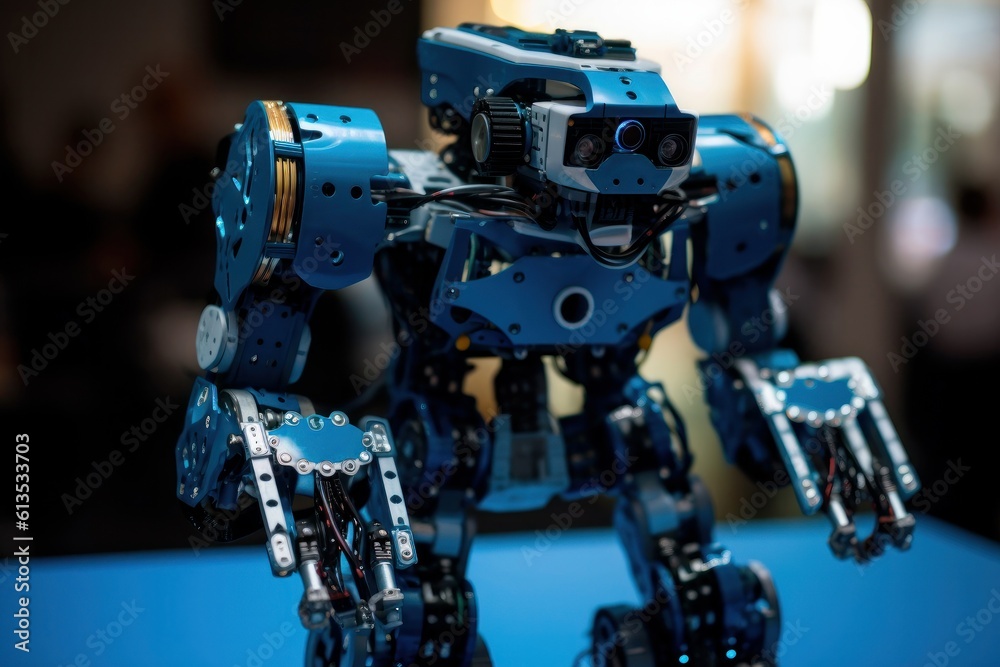 Naklejka premium A blue metal robot. Robotics and electronics. DIY robotics. STEM and STEAM education for kids
