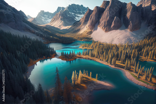 Landscape of Canada with emerald water. Generative AI Art. Beautiful view.