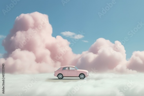 Illustration of a pink car floating in a dreamy, cloud-filled sky, Generative AI