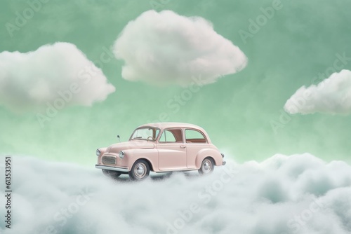 a pink car floating in a dreamy cloud-filled sky