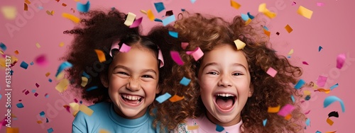 Excited curly-haired little girls laughing while standing under falling multi-colored confetti