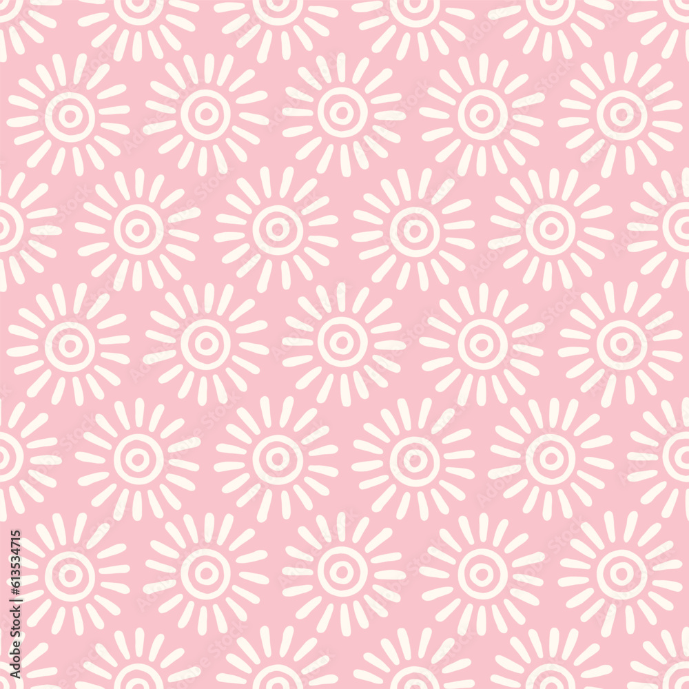 Pink Sunshine Flower Doodle Motif Seamless Vector Repeat Pattern