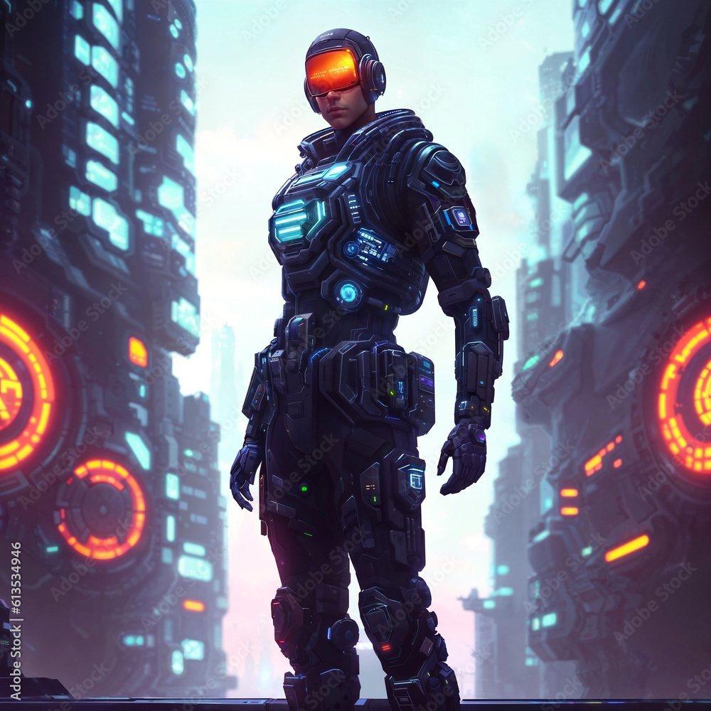 futuristic of future soldier army in armor suit at modern world, generative AI